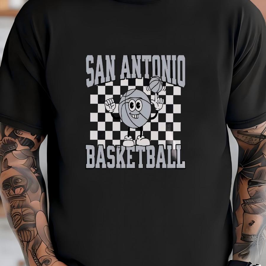 Toddler Checkered San Antonio Basketball Apparel, Boys/ Girls Long Short Sve Tees Hoodies, Gift For Sports Fan, Kids Game Day Outfit T-shirt