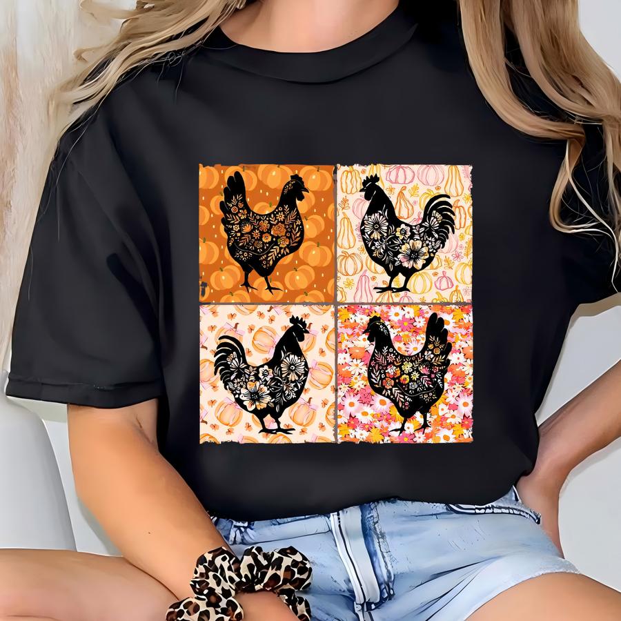 ® Chickens Shirt, Retro Farmhouse Floral Backyard Chicken Tee, Cottagecore Aesthetic Clothing, Chicken Gift For Her T-shirt
