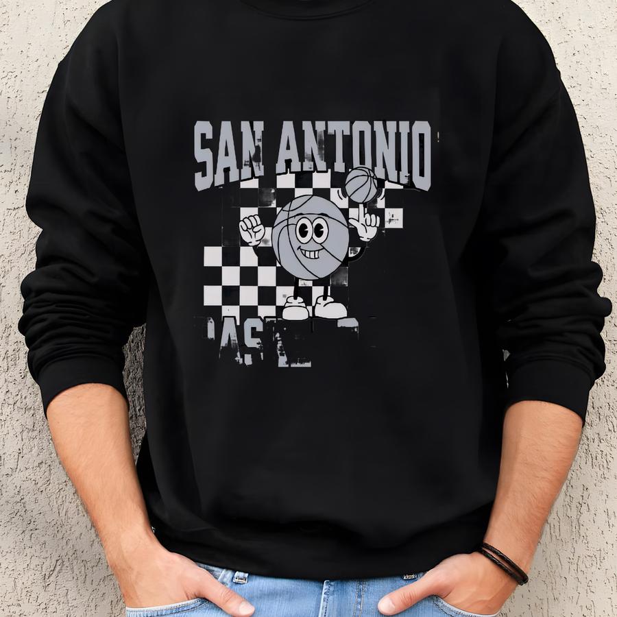 Youth Checkered San Antonio Basketball Apparel, Boys Girls Tshirts, Crewneck Sweatshirts, Hoodies, Gift Sports Fan, Kids Game Day Gear Sweatshirt