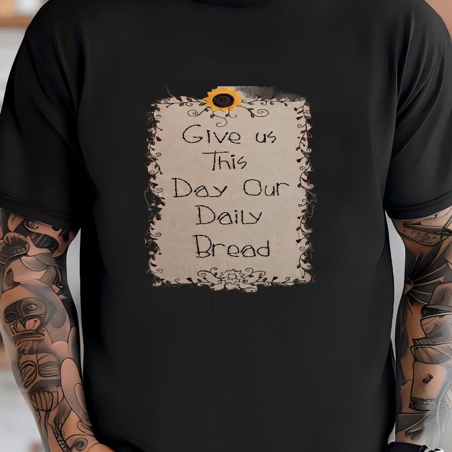 Vtg Needlepoint Prayer Picture Give Us This Day Our Daily Bread Rustic Religious T-shirt