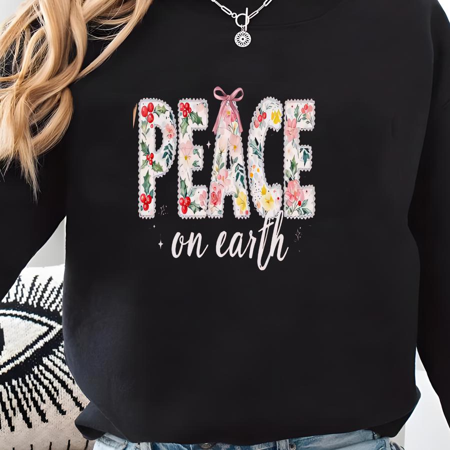 Peace On Earth Floral Sweatshirt, Coquette Christmas Sweater, Cozy Holiday Crewneck, Xmas Gift For Her, Religious Christian Sweatshirt Sweatshirt