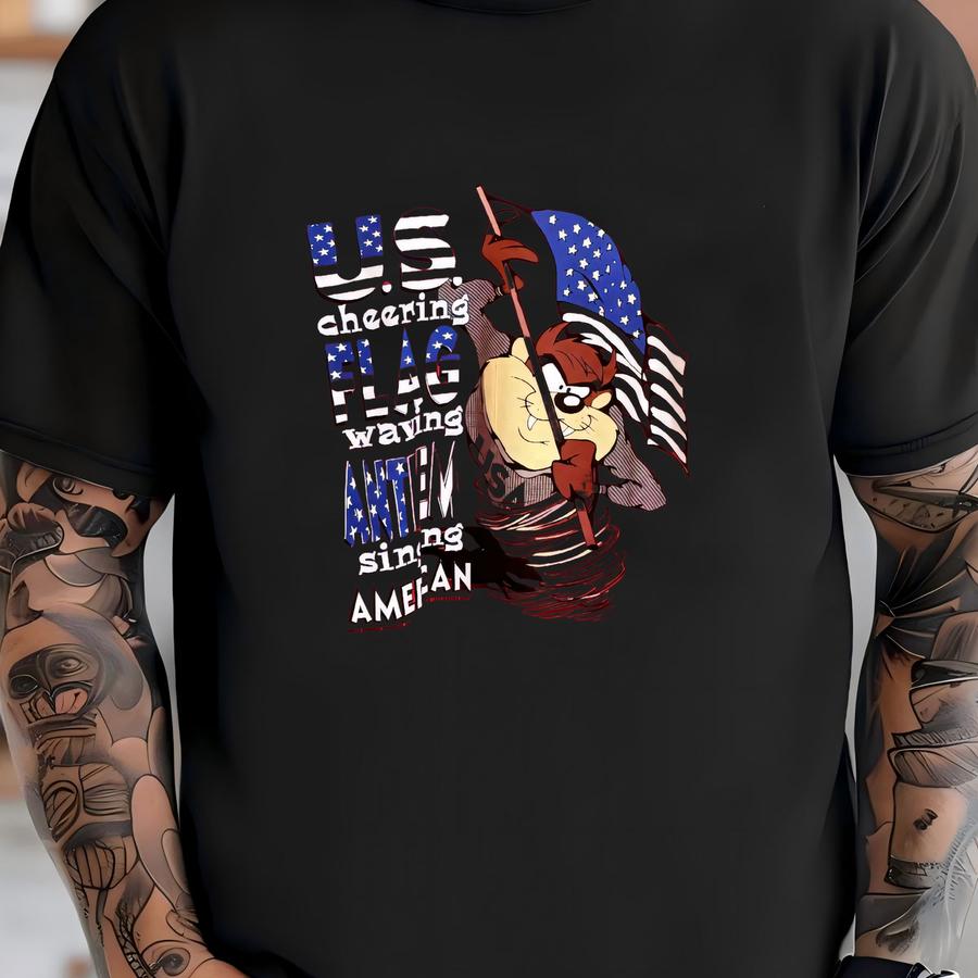 Vintage 90's Looney Tunes Taz American Flag Waving Cartoon Tee Size Xl T-shirt