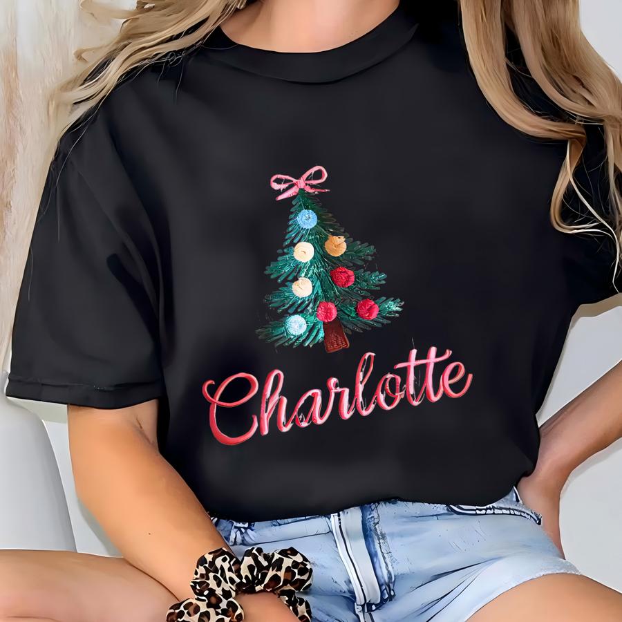 Coquette Christmas Tree Youth Sweatshirt: Girls Holiday Shirt With Custom Name T-shirt