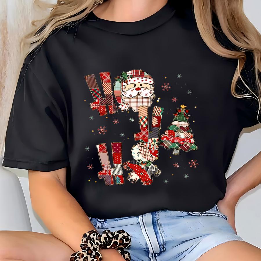 Patchwork Ho Ho Ho Shirt - Santa Gingerbread Christmas Sweatshirt - Holiday Hoodie - Rustic Xmas Graphic Tee - Farmhouse Print Gift T-shirt