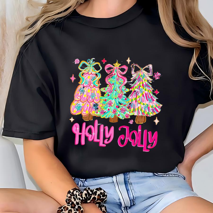 Holly Jolly Shirt - Preppy Pink Christmas Sweatshirt - Al Holiday Graphic Tee - Bright Xmas Print - Colorful Glitter Trees Hoodie T-shirt