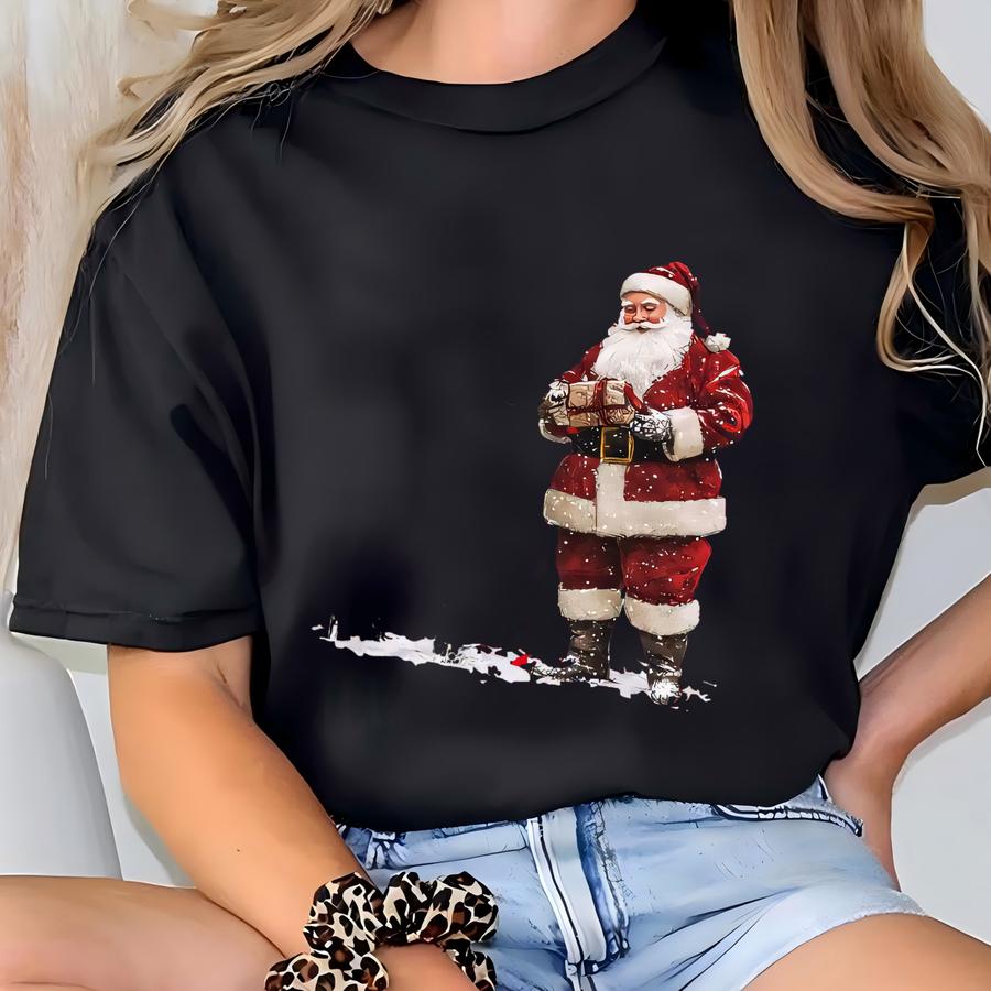 Santa And Reindeer Shirt - Classic Christmas Gift Sweatshirt - Winter Scene Hoodie - Traditional Santa Graphic Tee - Holiday Deer Print T-shirt