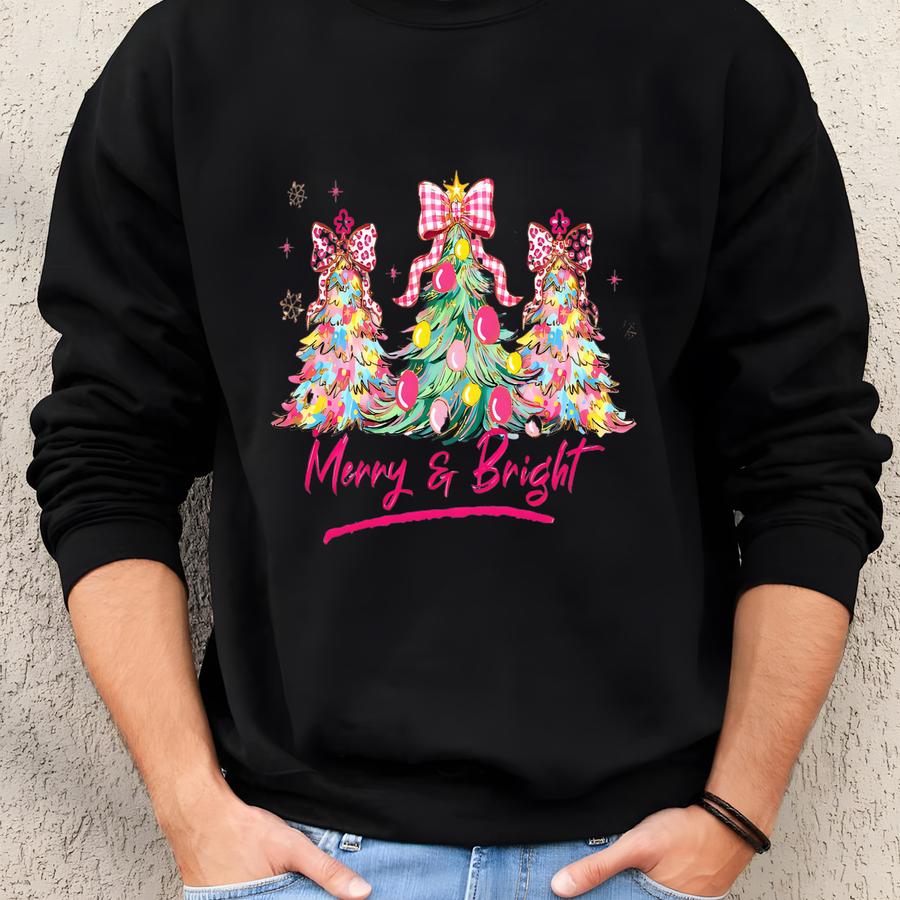 Christmas Pastel Tree Sweatshirt Merry Bright Xmas Tree Tee Pink Holiday Festive Bow Lights Tshirt Cute Jolly Tee Merry Christmas Tshirt Sweatshirt