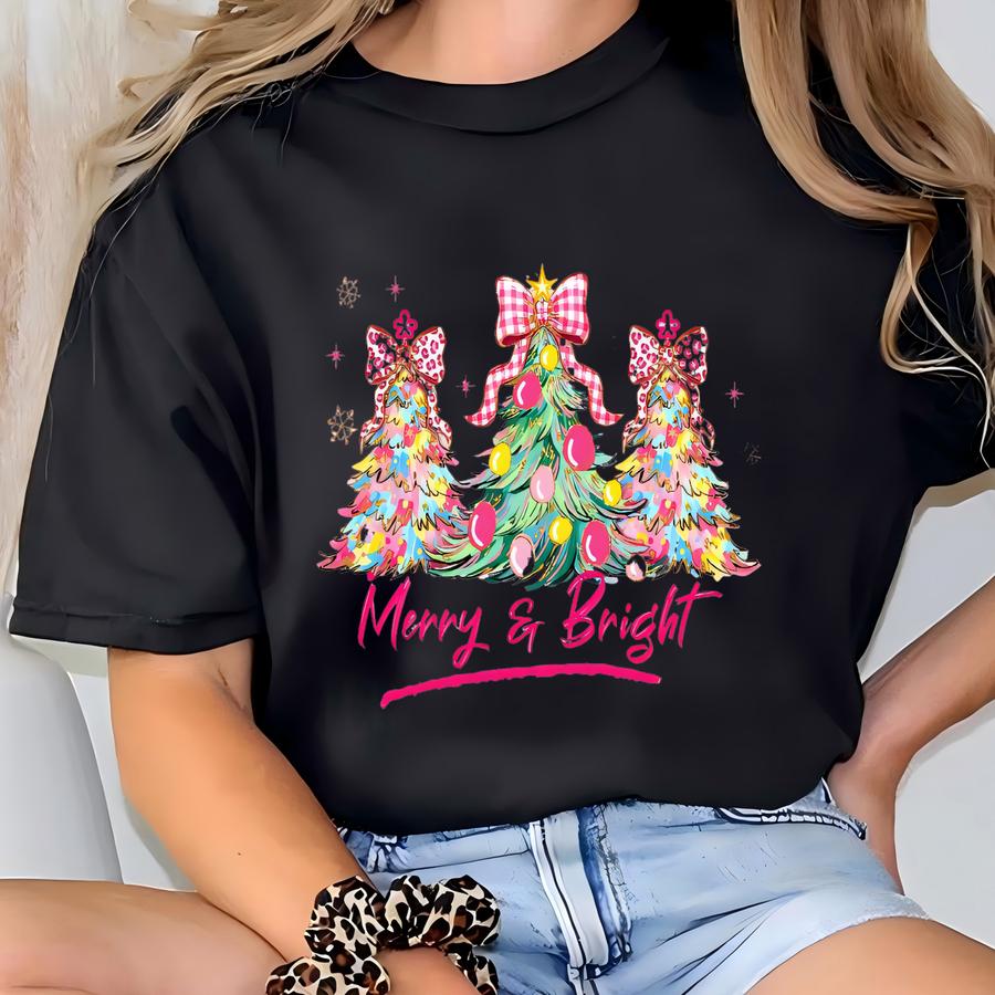 Christmas Pastel Tree Sweatshirt Merry Bright Xmas Tree Tee Pink Holiday Festive Bow Lights Tshirt Cute Jolly Tee Merry Christmas Tshirt T-shirt