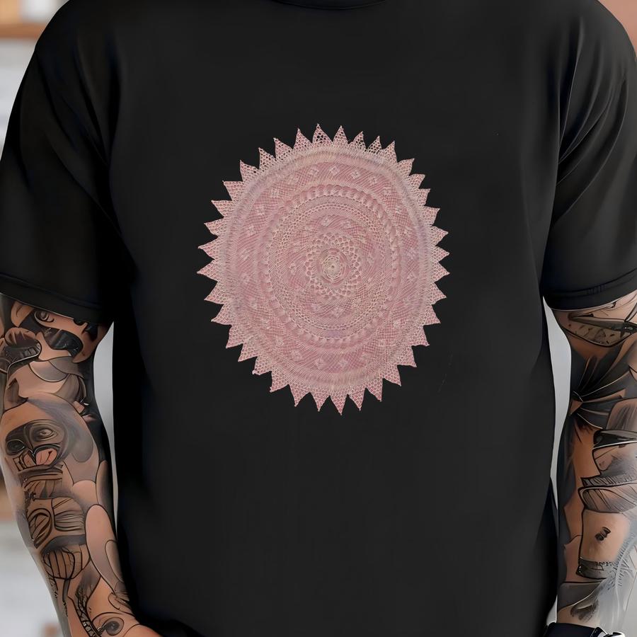 Vintage Framed Needlepoint Picture Pink Oval 80s Cottage Doily Mandala Country T-shirt