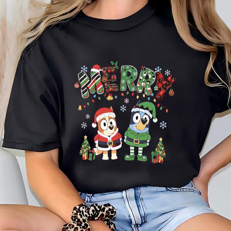 Merry Christmas Blue Dog Shirt | Santa Elf Holiday Sweatshirt | Family Matching Pajamas T-shirt