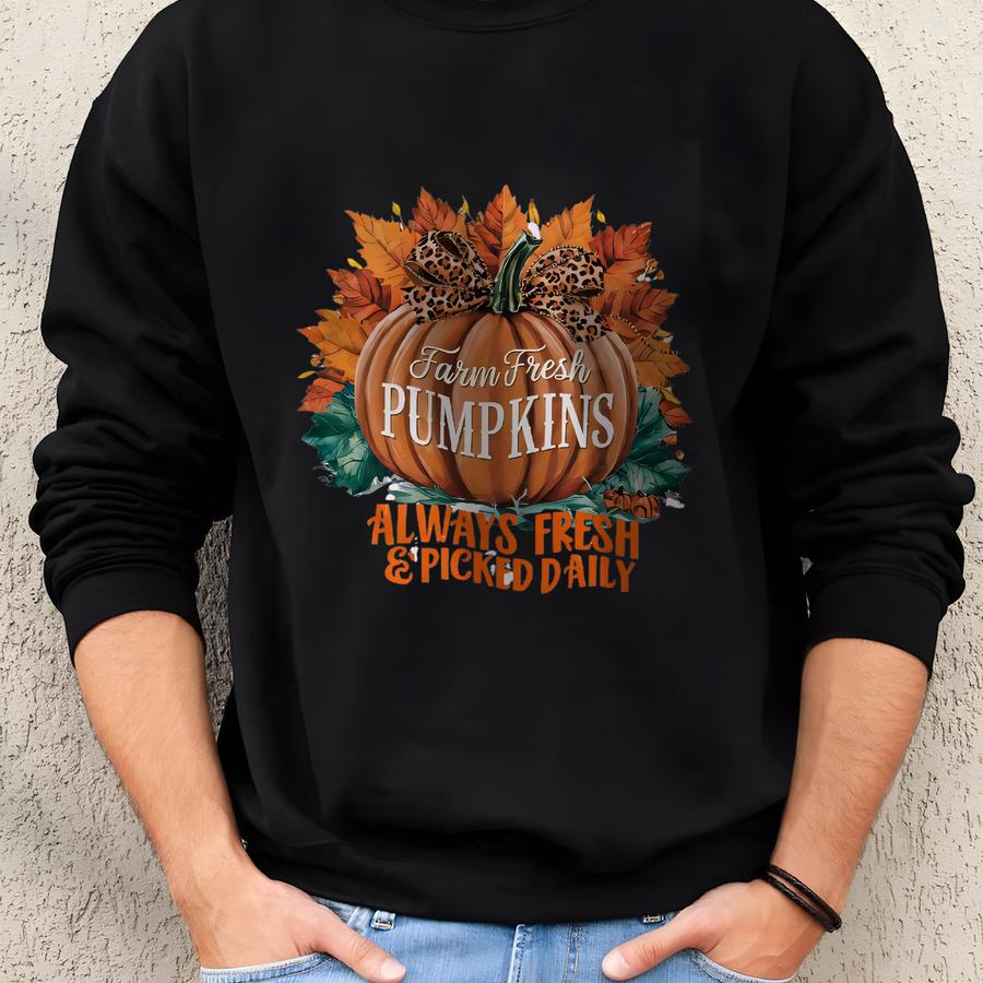 Farm Fresh Pumpkins T-shirt, Autumn Leaves And Leopard Print, Always Fresh Picked Daily Tee Sweatshirt