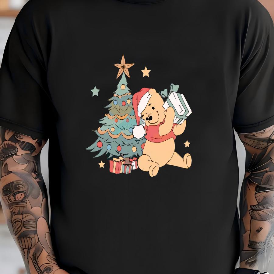 Christmas Pooh Sweatshirt, Holiday Hoodie With Gift Tree Print T-shirt