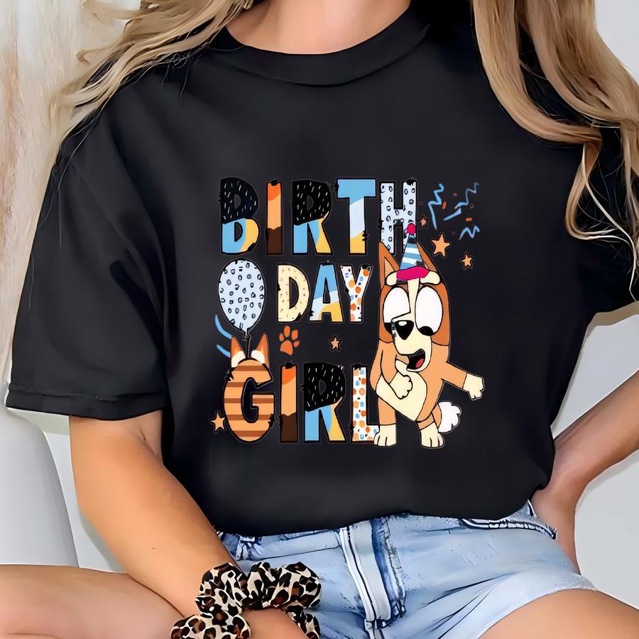 Blue Dog Birthday Girl Shirt Front Back | Bingo Custom Name Age | Personalized Party Tee | Bingo Theme Kids Birthday Shirt And Sweatshirt T-shirt