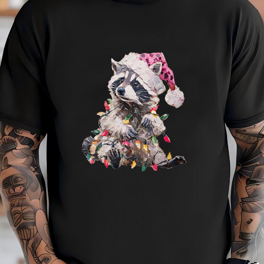 Christmas Raccoon Hoodie Or Sweatshirt: Holiday Lights, Santa Hat, Animal Design T-shirt