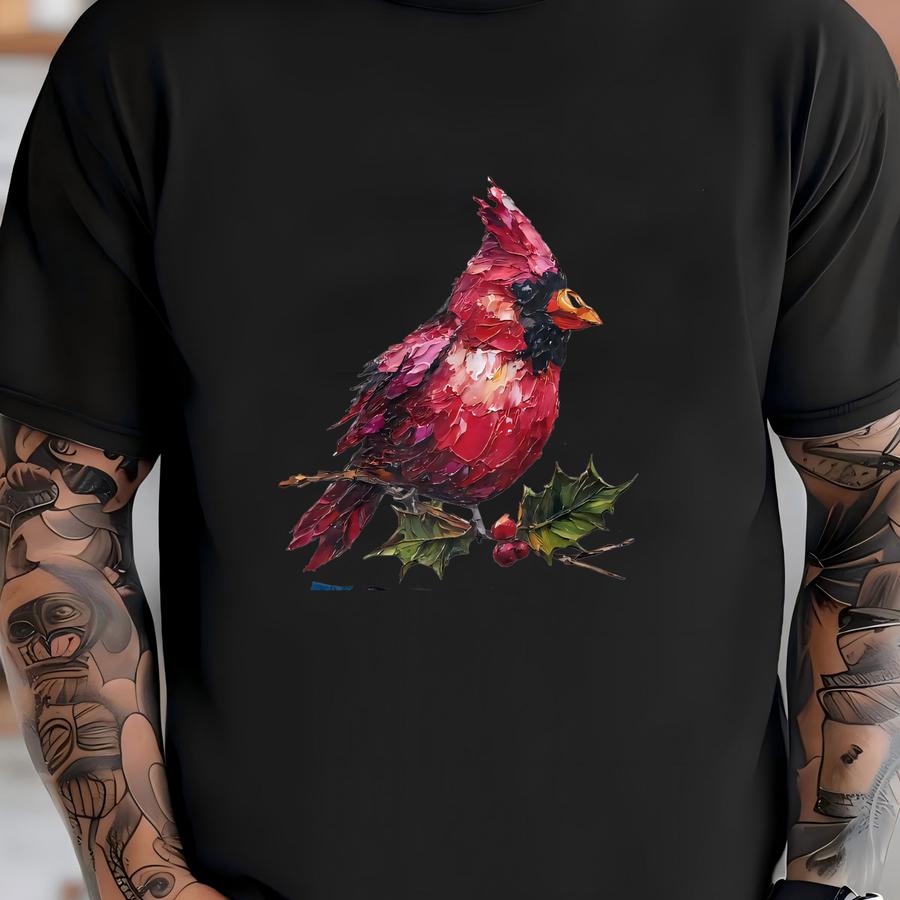Cardinal Hoodie Or Sweatshirt: Red Bird, Christmas Holly, Detailed Oil Painting T-shirt