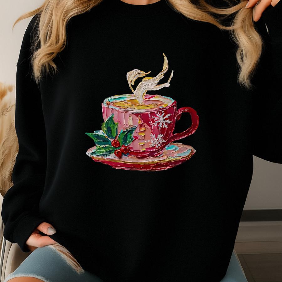 Christmas Coffee Cup T-shirt Or Sweatshirt: Holly Berries, Snowflake Design, Festive Sweatshirt