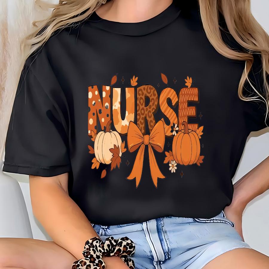 Custom Fall Nurse Sweatshirt With Name, Coquette Bow Hoodie, Pumpkin Pullover For Healthcare Worker, Retro Crewneck Gift, Cute Autumn Outfit T-shirt