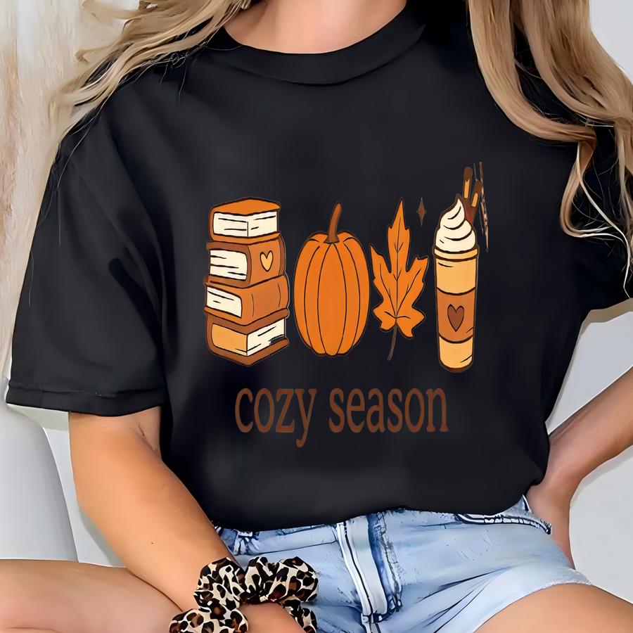 ® Cute Cozy Season Shirt, Book Lover Fall Shirt, Fall Coffee Shirt, Womens Fall Leaf Shirt, Pumpkin Shirt, Fall Graphic Tee. T-shirt