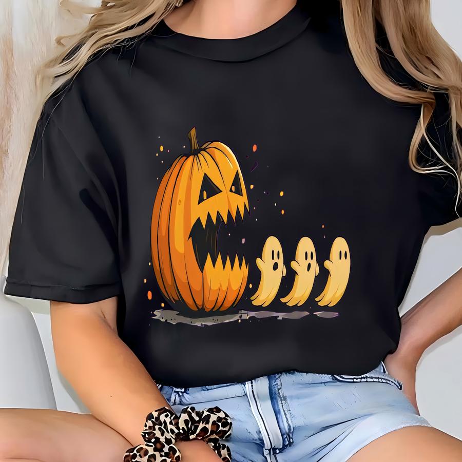 Halloween Pumpkin Eat Ghost Shirt, Funny Boo Ghost Tshirt, Pumpkin Chasing Ghost Tee, Pumpkin Pac-man Halloween, Funny Ghost Gamer Shirt. T-shirt