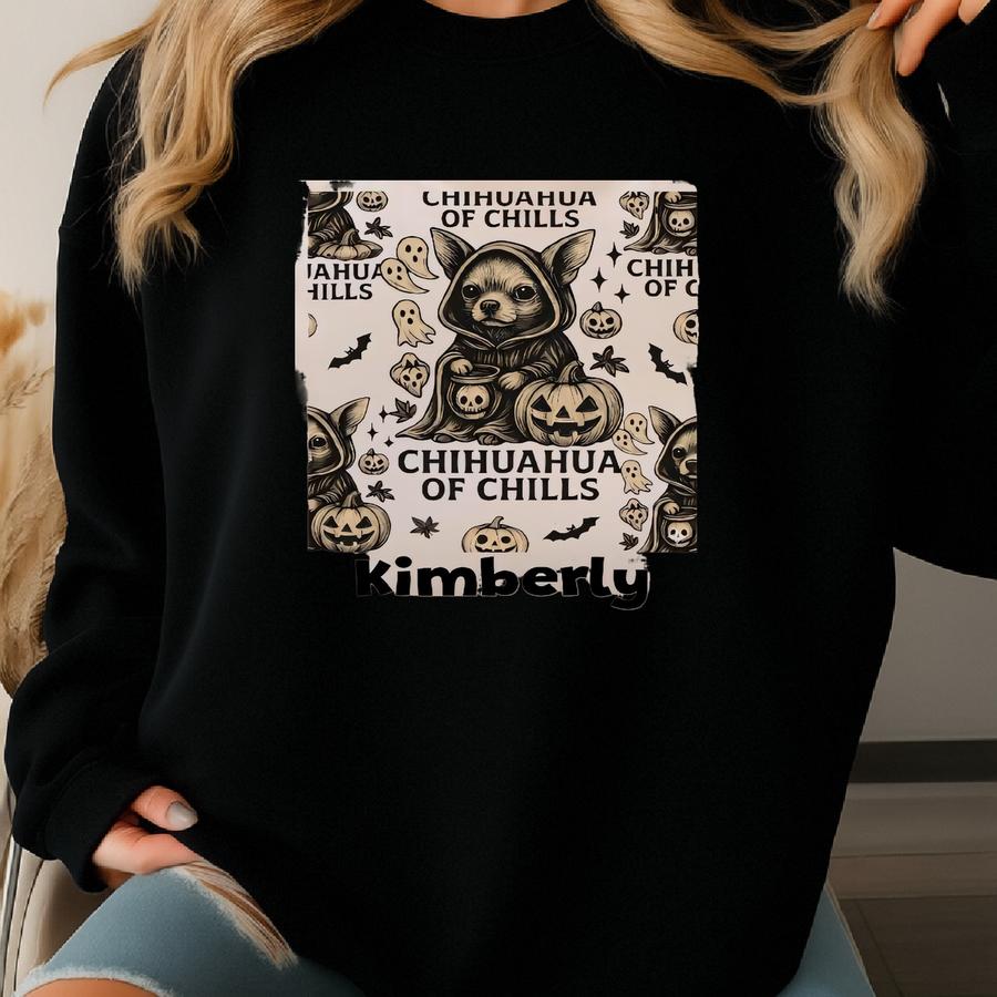 Personalized Halloween Tee – Chihuahua In Hooded Robe With Ghosts, Bats Skulls, Custom Pumpkin Ghost Cotton Canvas Sweatshirt