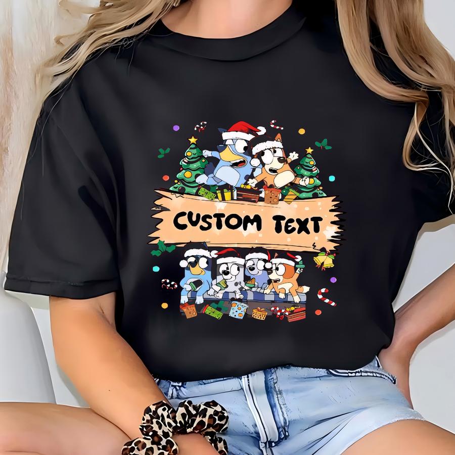 Personalized Blue Dog Family Shirt | Custom Christmas Name Gift | Matching Holiday Sweatshirt T-shirt