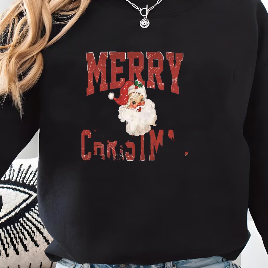 Merry Christmas Vintage Santa Distressed Sweatshirt, Retro Christmas Shirt, Family Christmas Shirt, Christmas Party Shirt Sweatshirt