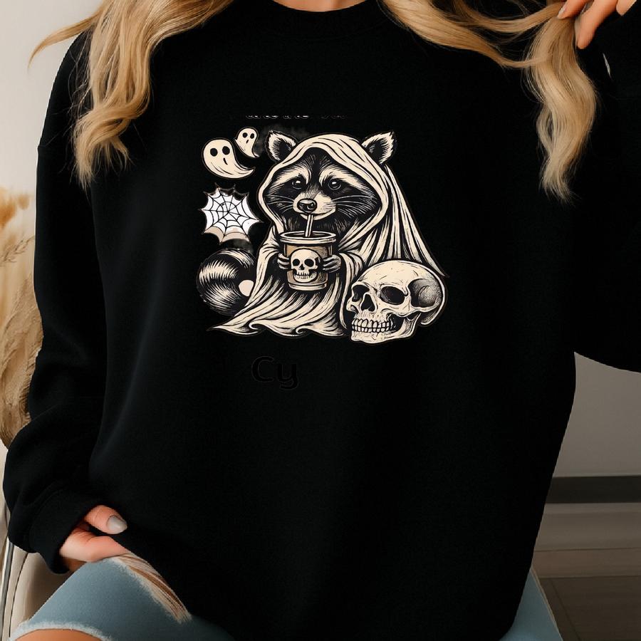 Personalized Halloween Tee – Cute Raccoon In Hooded Robe With Coffee, Ghost, Spiderweb Skulls, Cotton Canvas Sweatshirt