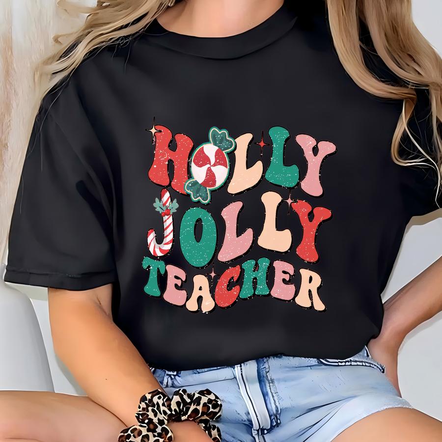 ® Retro Holly Jolly Teacher Shirt, Christmas Teacher Shirts, Christmas Gift For Teacher, Christmas Shirt,teacher Christmas Tee T-shirt