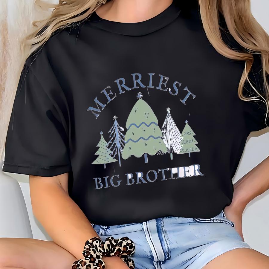 Merriest Brother Christmas Shirt Big Brother Christmas Sweatshirt Sibling Pregnancy Reveal Tee Little Bro Holiday Shirt Blue Christmas Tree T-shirt