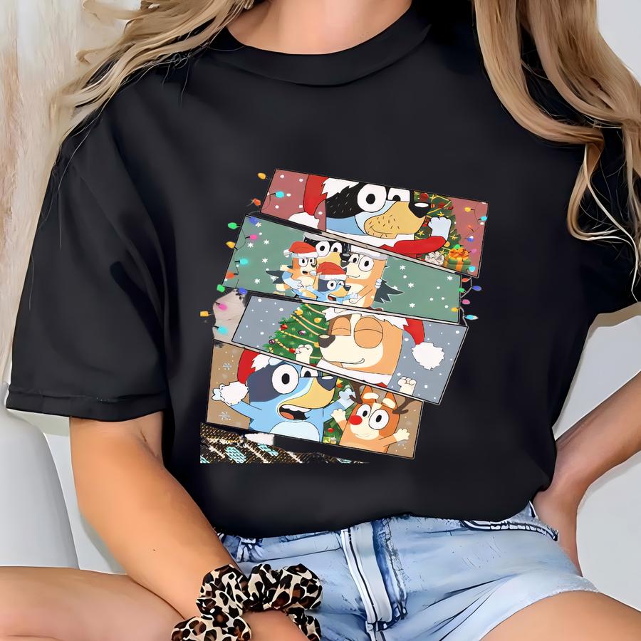 Comic Strip Blue Dog Christmas Shirt | Stacked Panel Family Holiday Sweatshirt T-shirt