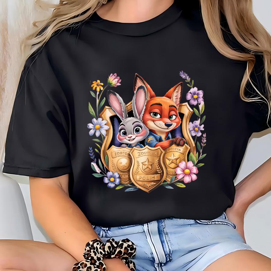 Floral Zootopia Police Badge Shirt, , Judy Hopps Shirt, Nick Wilde Shirt, Zootopia Shirt, Zootopia Police Tee, 163858 T-shirt