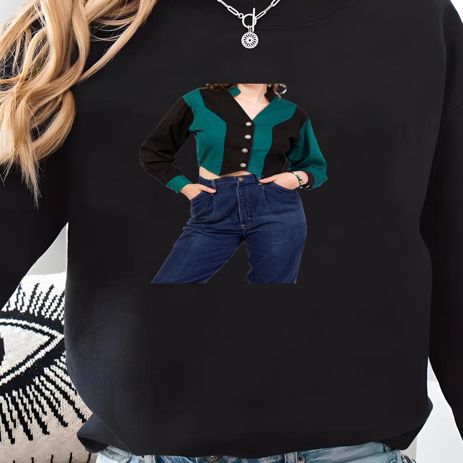 Vintage 90s Western Teal Black Color Block Crop Top - Small | Banjo Texas Long Sve Collared Cropped Shirt Sweatshirt