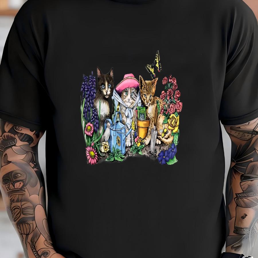 Vintage 90s Prints Of Tails Hoodie One Size Fit All Cat Kitten Garden Art Tee Double Sided Flower Butterfly Cute Animal Pet Lover Whimsical T-shirt