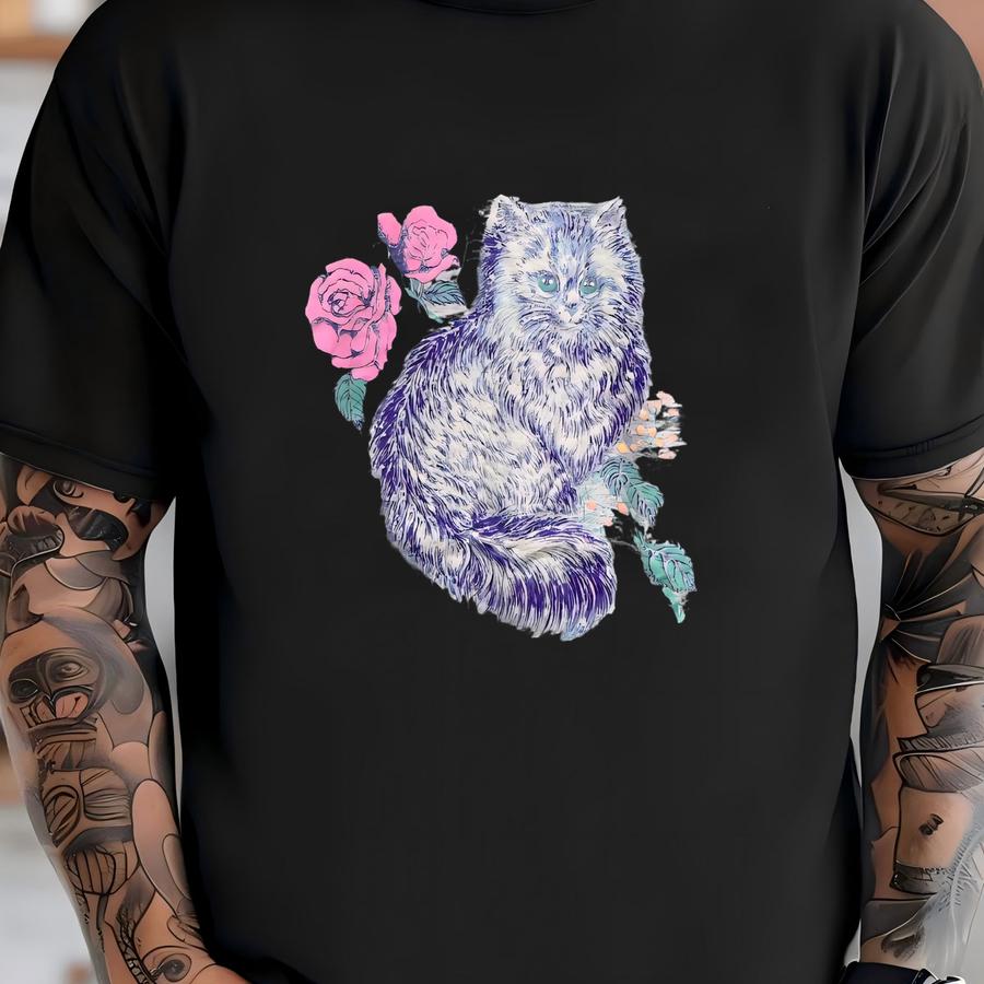 Vintage 90s Fluffy Cat Hoodie Size M Purple Kitten Art Tee Cute Animal Pet Lover Floral Rose Flower Whimsical Girly Puffy Print Art T-shirt