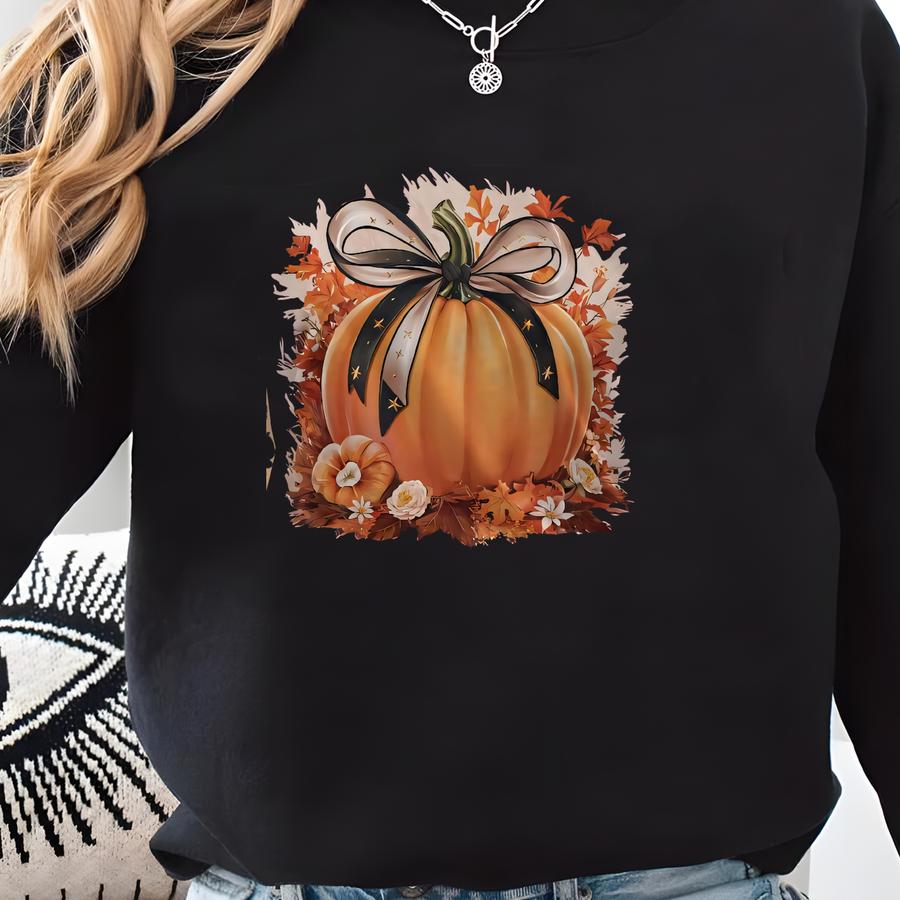 Pumpkin T-shirts, Sweatshirt, Hoodies: Bow Graphic, Fall Leaves, Floral Accent Sweatshirt