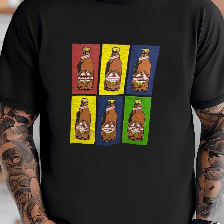 Vintage 90s Cruzcampo Beer Hoodie Size M Cerveza Promo Tee Pop Art Style Bottle Graphic Alcohol Spain Bar Merch Seville Spanish Beer Drink T-shirt