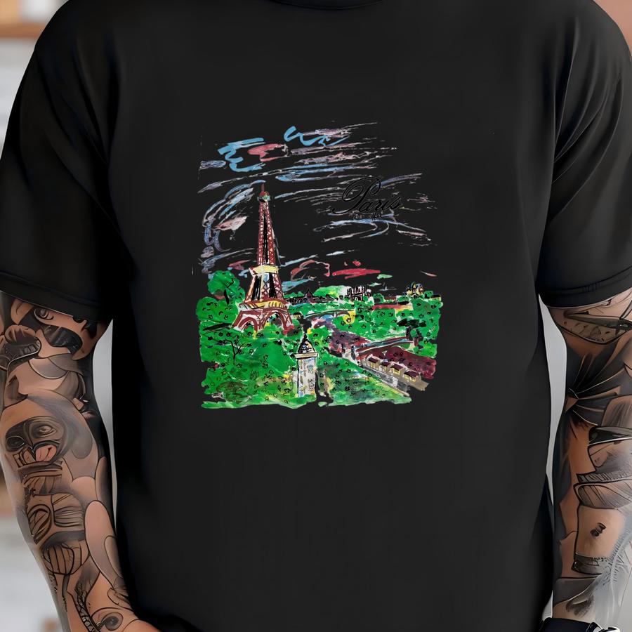 Vintage 90s Paris Town Of Art Hoodie Size M Stepha Artist Tee Eiffel Tower France Souvenir Travel Watercolor Painting Impressionist Style T-shirt
