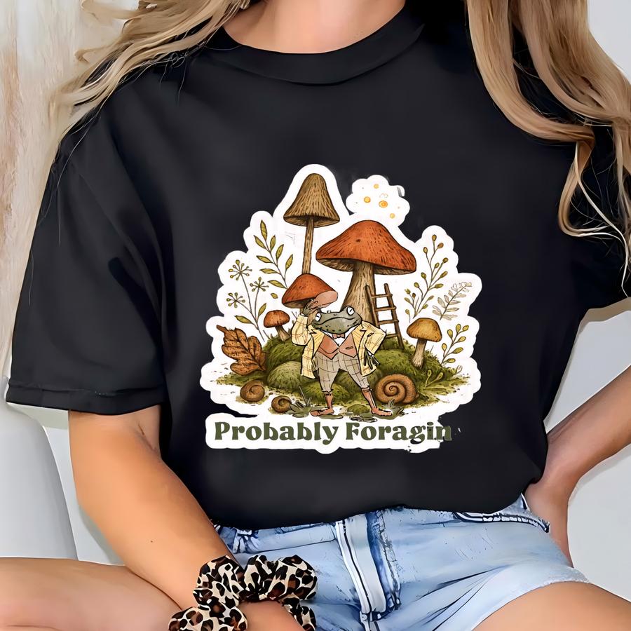 Frog Foraging Mushroom Sticker: Cottagecore Toad, Forest Decal T-shirt