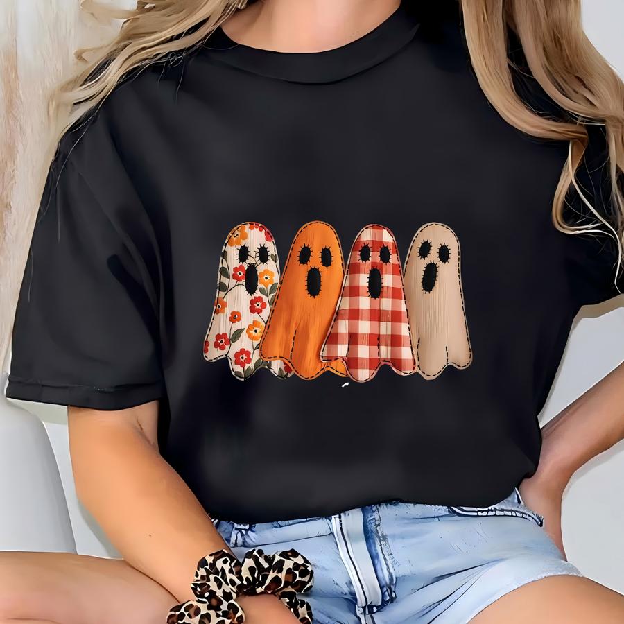 Preppy Spooky Season Sweatshirt, Floral Ghost Patchwork Tshirt, Fall Pumpkin Hoodie, Ghost Shirt, Funny Halloween Tee, Cute Fall Shirt T-shirt