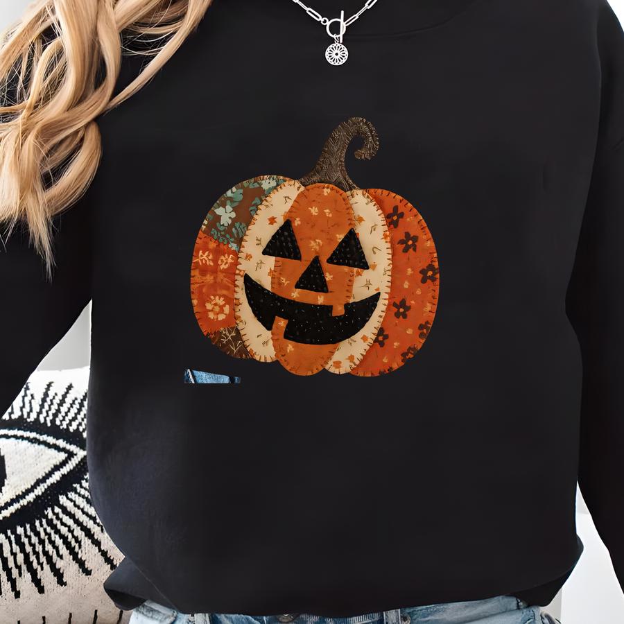 Patchwork Pumpkin Halloween Sweatshirt, Retro Fall Pumpkin Face Shirt, Vintage Spooky Season Crewneck, Cute Autumn Pumpkin Outfit Sweatshirt Sweatshirt