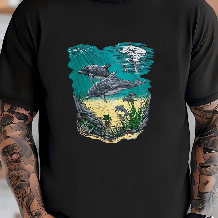 Vintage 90s Dolphin Ocean Sea Life Nature Art Mango Tree Underwater Scene Marine Wildlife Graphic Tee Retro Shirt Size L T-shirt