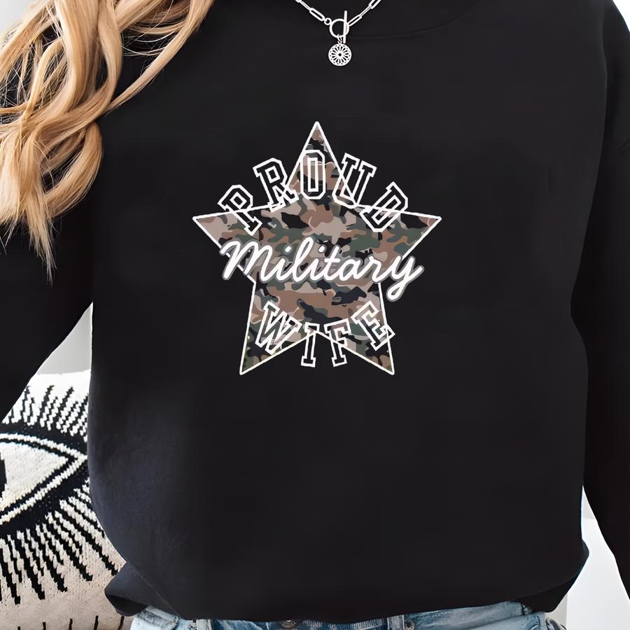 Military Wife Camo Star Tee, Patriotic Camouflage T-shirt, Unisex Casual Shirt For Marines Fans Sweatshirt