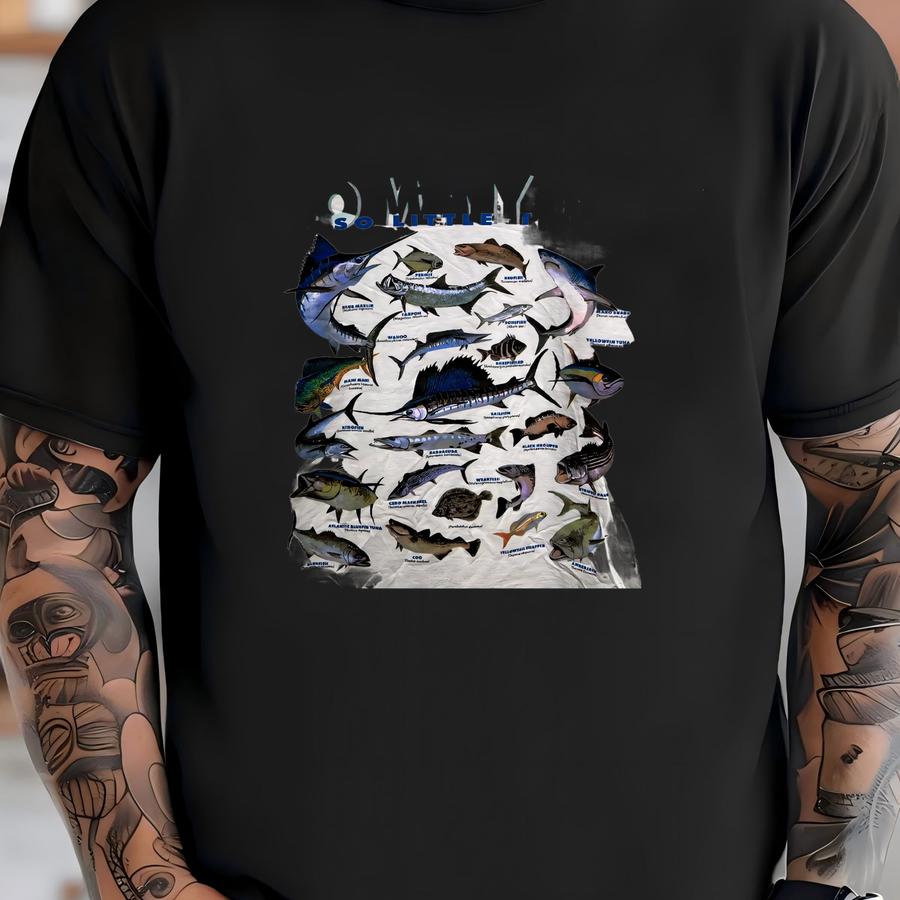Vintage 1990 So Many Fish So Little Time Ocean Marine Species Graphic Tee Angler Deep Sea Fishing Retro Collector Art Shirt Size 2xl T-shirt