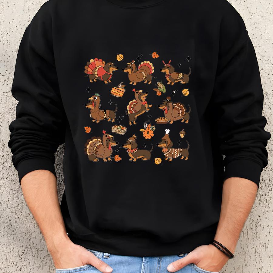 Thanksgiving Turkey Dog Sweatshirt, Cute Wiener Dog Thanksgiving Top, Dachshund Lover Shirt, Funny Turkey Costume Dog Tee Sweatshirt