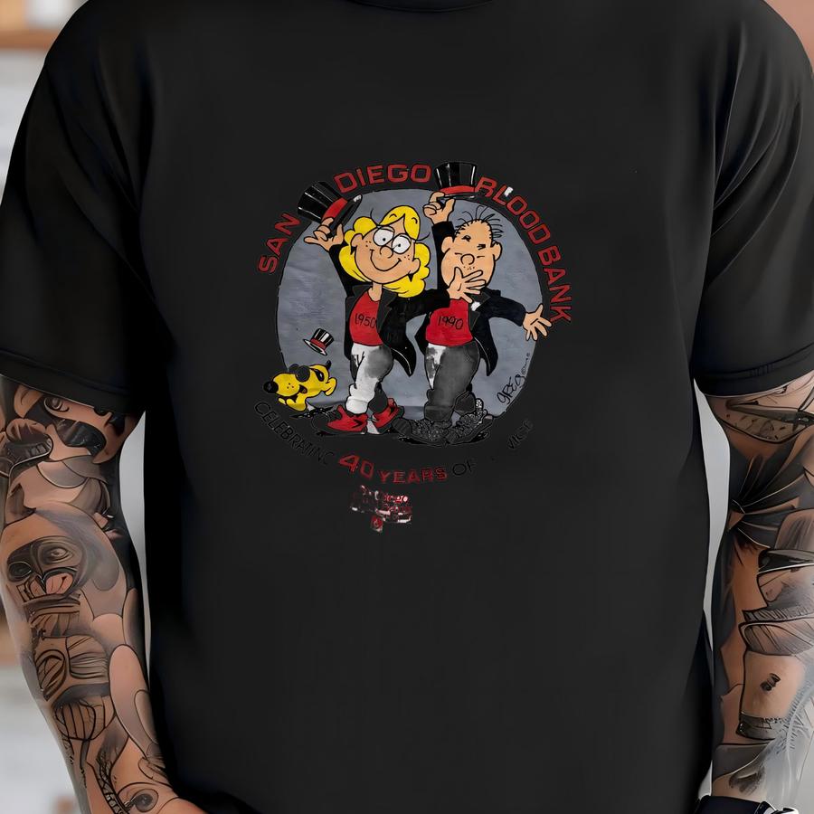 Vintage 1990 San Diego Blood Bank 40 Years Of Service Charity Cartoon Tee Health Awareness Nonprofit Event Volunteer Retro Shirt Size L T-shirt