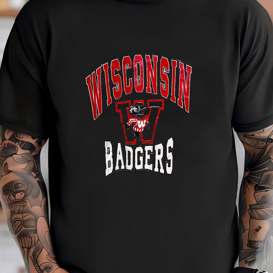 Vintage 1990s Badgers University College Mascot Bucky Logo Striped Gray Graphic Tee Retro Sports Ncaa Big Ten School Shirt Size L T-shirt