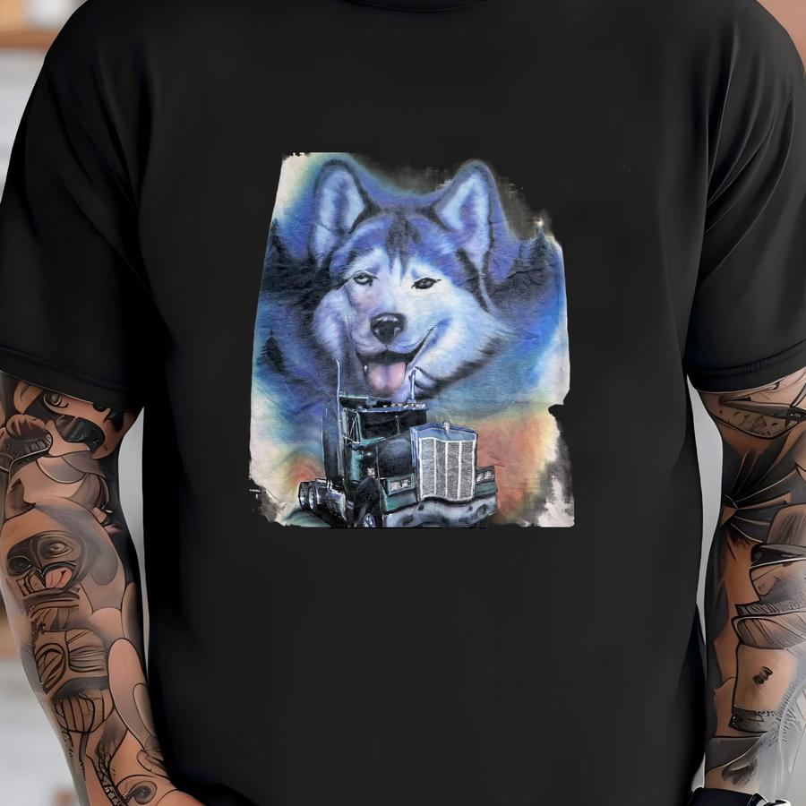 Vintage 1990s Airbrush Husky Dog Truck Graphic Tee Big Face Animal Print Wolf Semi Truck Art Design Retro American Roadwear Shirt Size 2xl T-shirt