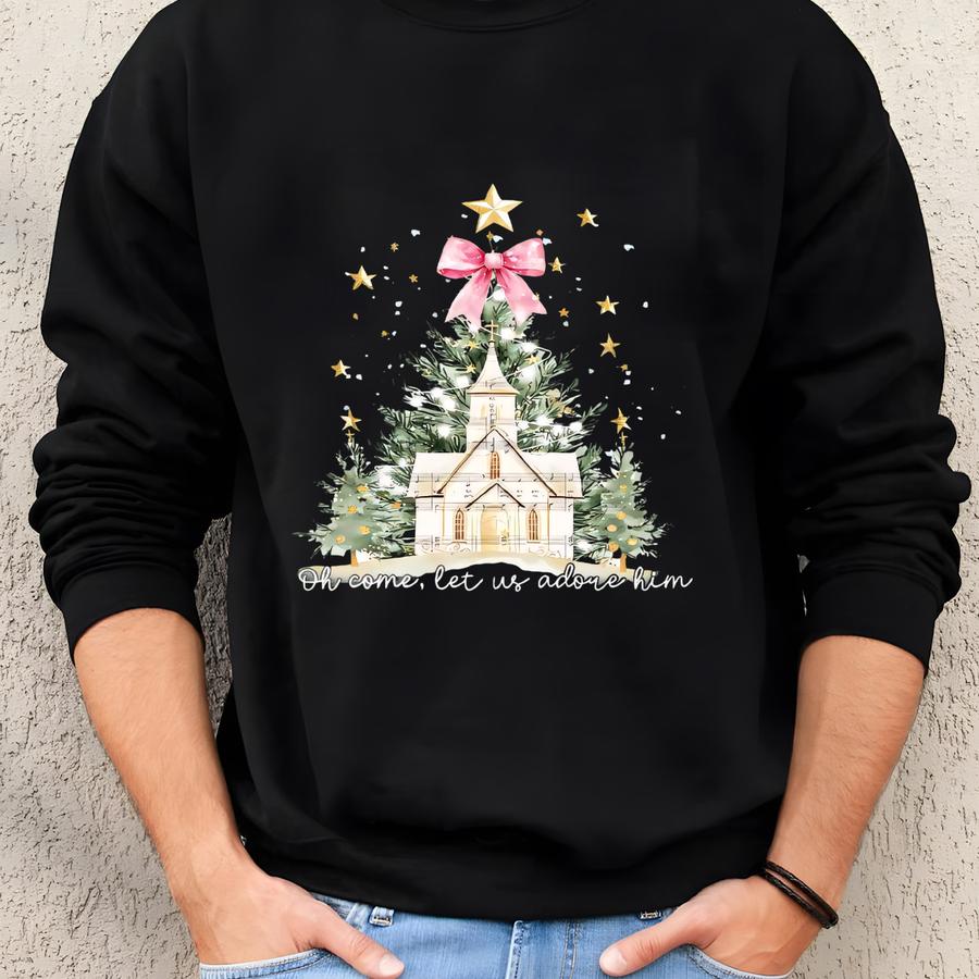 Oh Come Let Us Adore Him Sweatshirt, Jesus Christmas Sweatshirt, Coquette Christmas Tree Hoodie, Christian Christmas Sweatshirt Sweatshirt