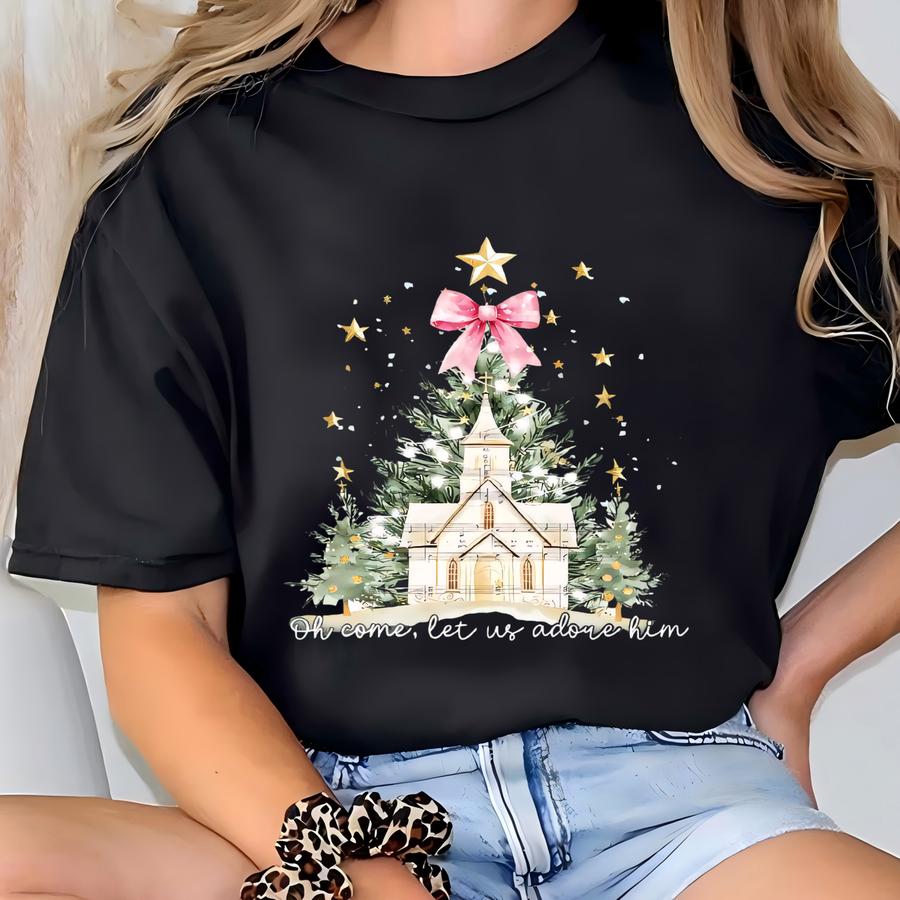 Oh Come Let Us Adore Him Sweatshirt, Jesus Christmas Sweatshirt, Coquette Christmas Tree Hoodie, Christian Christmas Sweatshirt T-shirt