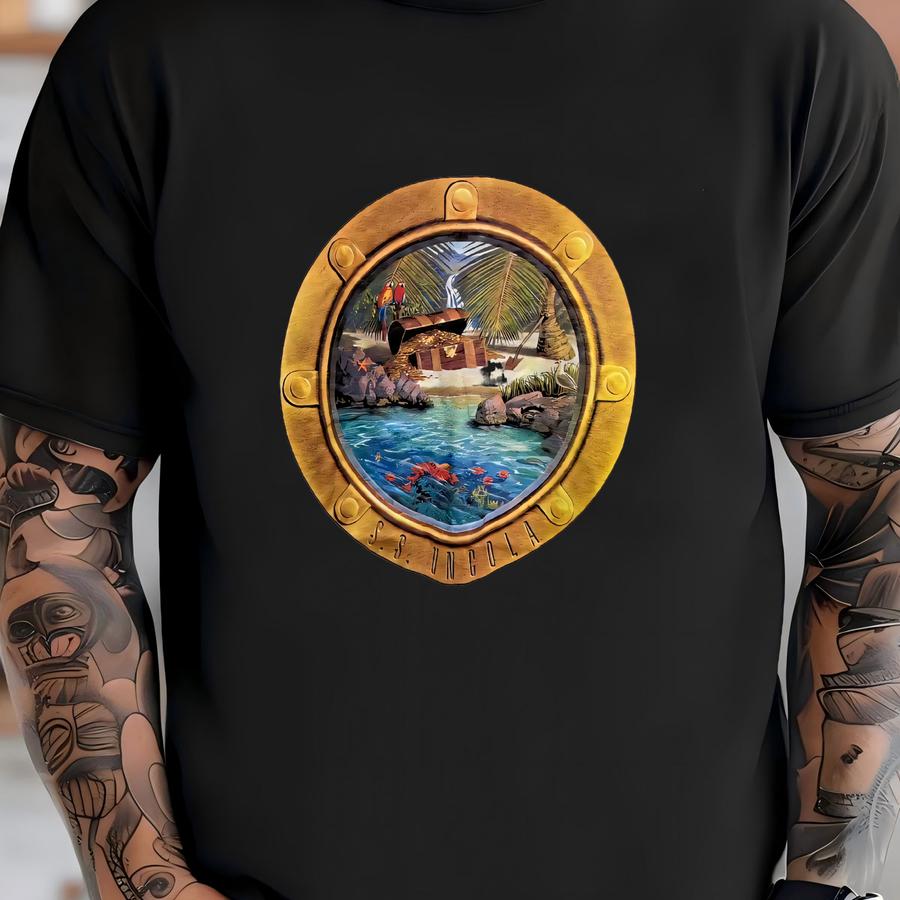 Vintage 1990s S.s. Uncola Ocean Window View Double Sided Marine Life Dolphin Island Sea Tropical Beach Scene 7up Advertising Shirt Size L T-shirt